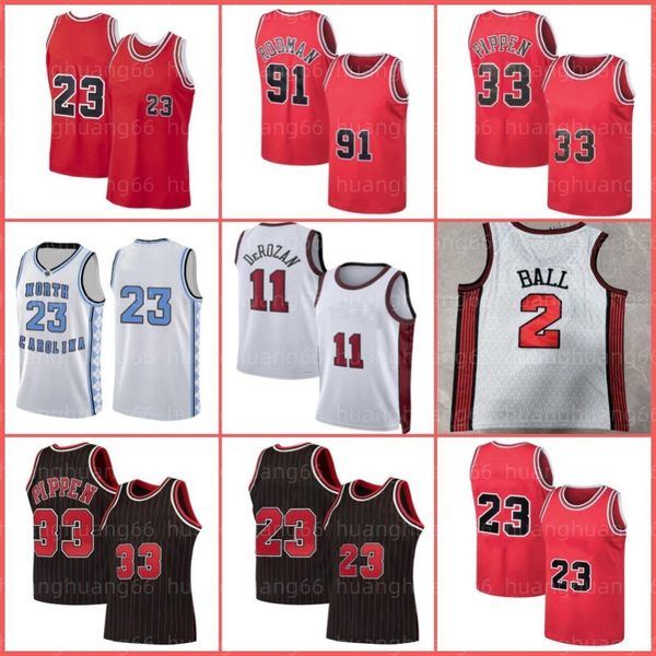 

23 mj 9 basketball jerseys scottie 33 pippen dennis 91 rodman demar lonzo derozan ball derrick zach rose lavine north carolina tar heel mens, Black;red