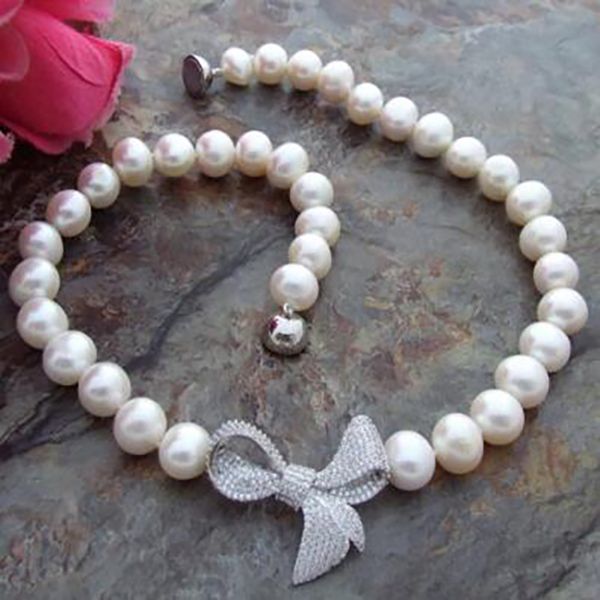 

10-11mm white pearl freshwater sweater micro inlaid zircon necklace 45cm, Silver