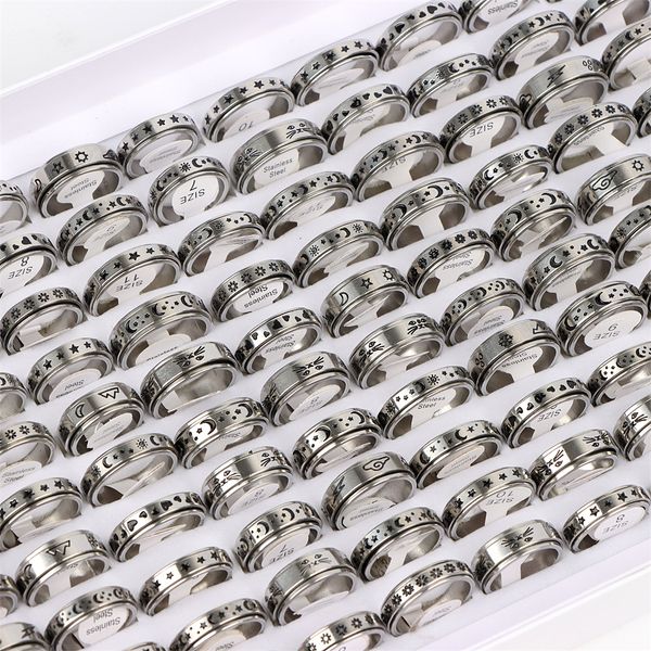 

fashion rotatable spinner stainless steel rings moon sun cat star flower heart cloud jewelry for women men mix style party gifts wholesale 2, Golden;silver