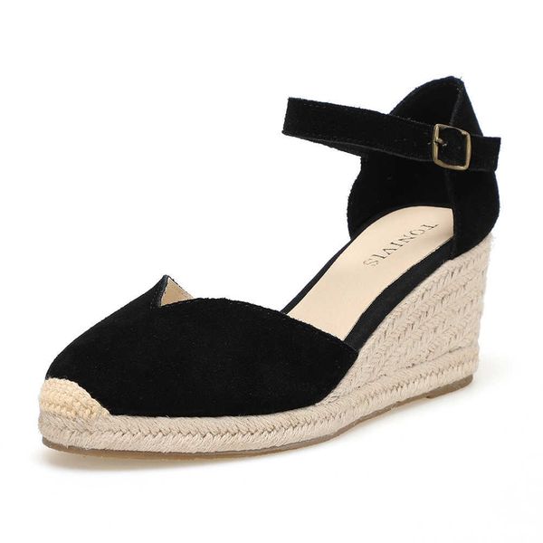 

sandals 2021 5-9cm sandalias mujer promotion genuine ankle-wrap sandals sapatos mulher wedge heel shoes for closed toe wedges ladies t221209, Black