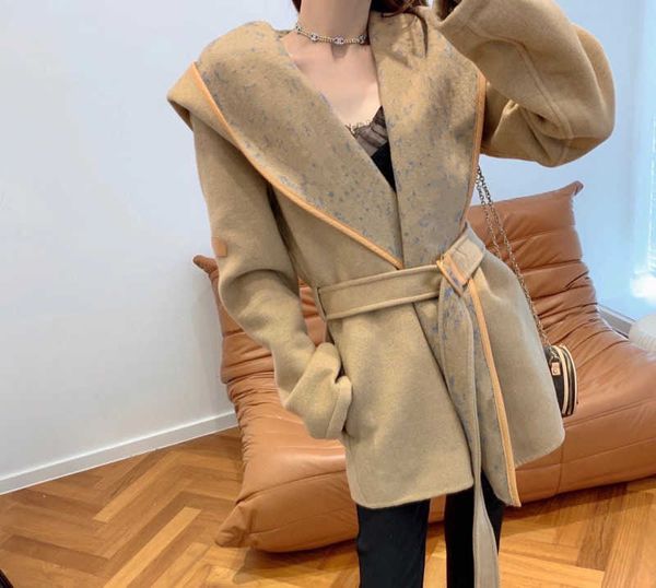 

brand women's trench coats designer design correct version autumn 2022 keep warm in winter new women's hooded bathrobe long coat, Tan;black