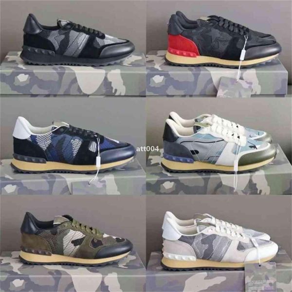 

2021 men stud rockrunner camouflage sneakers designer shoes fashion leather suede flats luxury rivet rockrunner valentinoes valentinoity vtv, Black