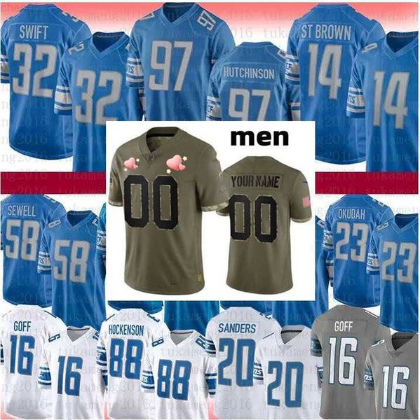 

football jersey detroit''lions''97 aidan hutchinson 14 amon-ra st. brown 20 barry sanders 16 jared goff 32 d'andre, Black;red