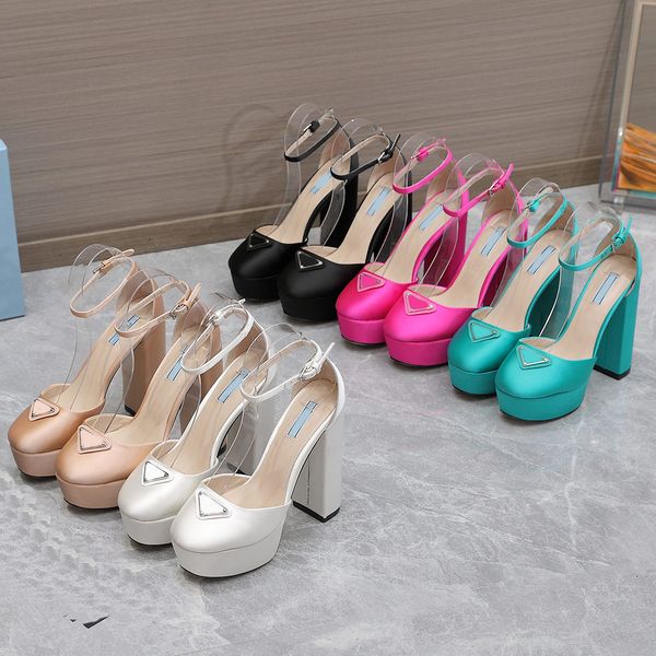 

sandals fashion satin sandals designer triangular buckle decoration chunky heels womens shoes 13cm high heeled leather sole platform heel ro, Black