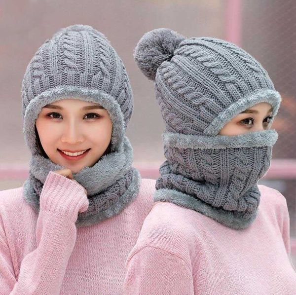 

scarves hats scarves and gloves set in 2018 thermal insulation cable knitting pom hat, Blue;gray