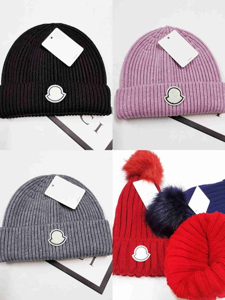 

designer winter knitted beanie woolen hat women chunky knit thick warm faux fur pom s hats female bonnet caps 10 colors, Blue;gray