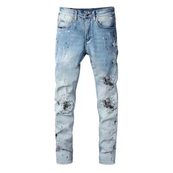 

designer jeans european rock revial jean embroidery holes ripped pattern fashion brand vintage straight slim jeans patched pants with many p, Blue