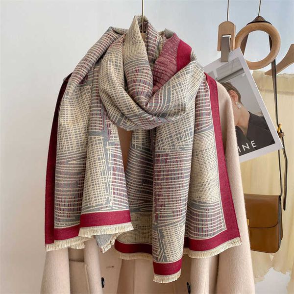 

scarves hat glove set scarf winter autumn double sided cashmere shawl lattice tassel holiday gift, Blue;gray