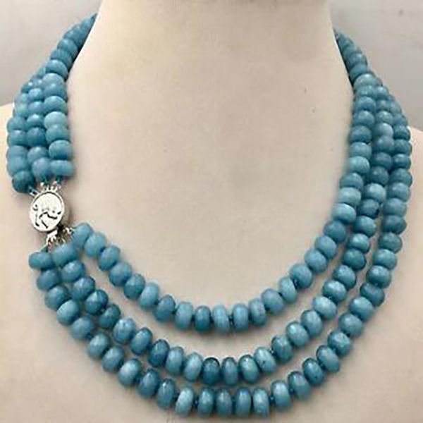 

fashion jewelry woman 5x8mm aquamarine faceted beads necklace 3 row 17-19'', Silver