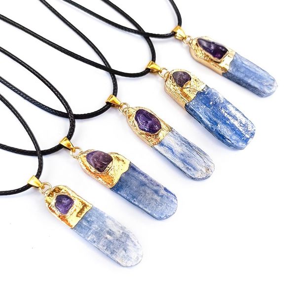 

essentials kyanite cyanite unique natural healing crystal necklaces with amethyst 18k gold color with metal chain, Silver