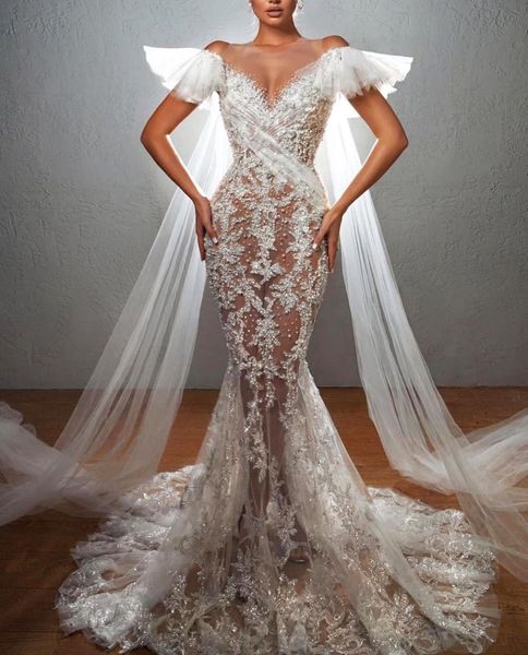 

wedding dresses sleeveless v neck capes sequins appliques 3d lace hollow formal dresses beaded pearls bridal gowns plus size sweep train ves, White