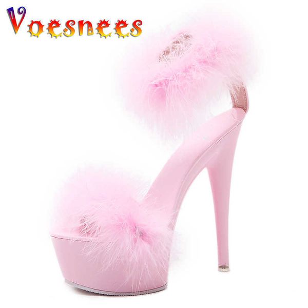 

sandals 2022 new15cm sandals for women model high heels fine with black platform heels ultra-high-heel furry sandals women's shoes t221