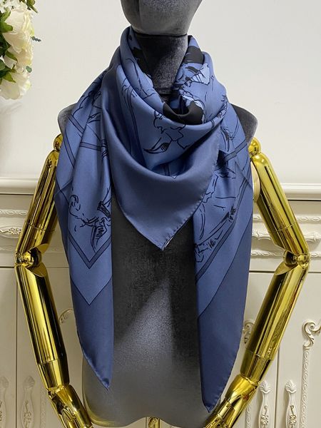 

women's square scarf scarves goodquality 100% twill silk material dark blue pint letters horse pattern size 130cm - 130cm, Blue;gray