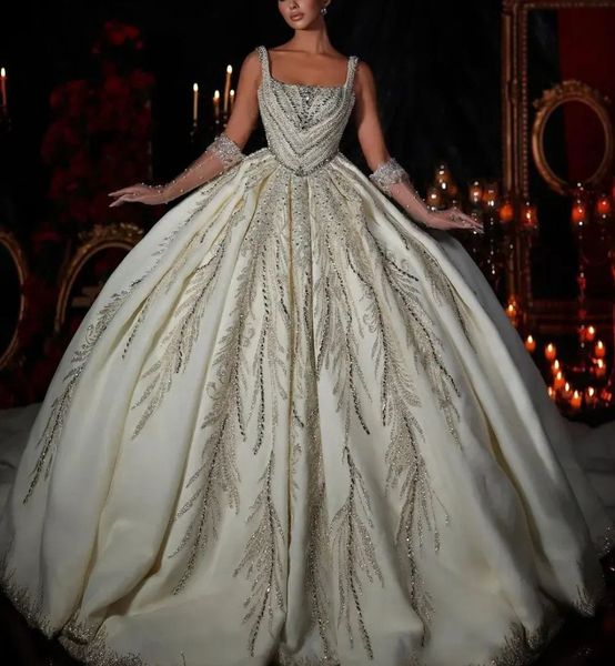 

princess ball gown wedding dresses appliques bateau sleeveless straps sparkly sequins appliques beads satin ruffles floor length luxury brid, White