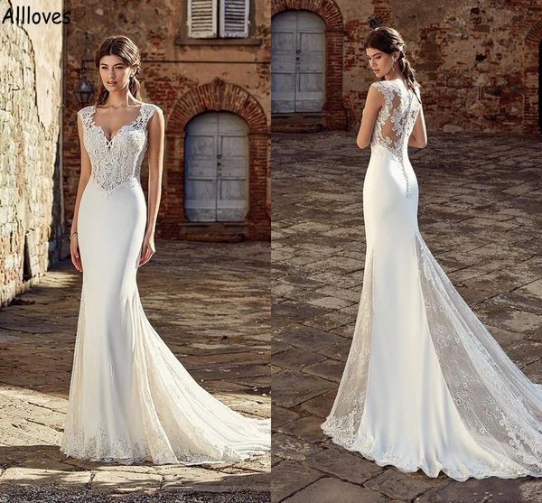 

ivory satin lace mermaid wedding dresses elegant buttons back simple boho garden bridal gowns sweep train robes de mariee bride second recep, White