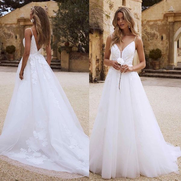 

white ivory wedding dress spaghetti straps appliques backless vintage bridal vestidos de noivas custom made