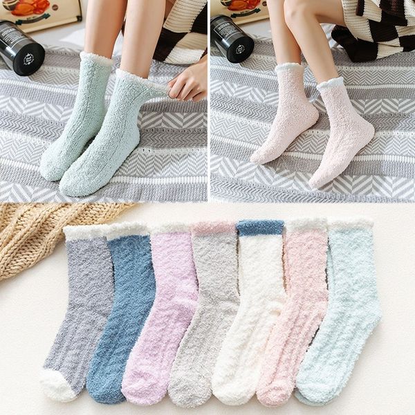 

coral fleece winter mid socks warm cold resistance plus velvet thick socks kawaii candy color cotton floor sleep sock, Pink;yellow