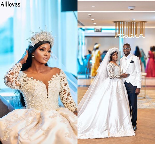 

white satin african girls ball gown wedding dresses modern lace appliques pearls beaded formal bridal gowns princess long sleeves brides ves