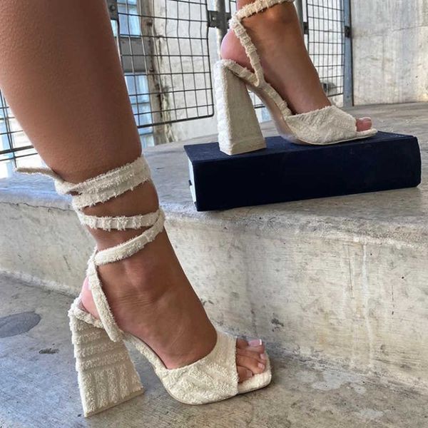 

sandals triangle high heels women sandals summer 2022 corduroy square toe sandalias ladies pump cross lace up female wedding party shoes t22, Black
