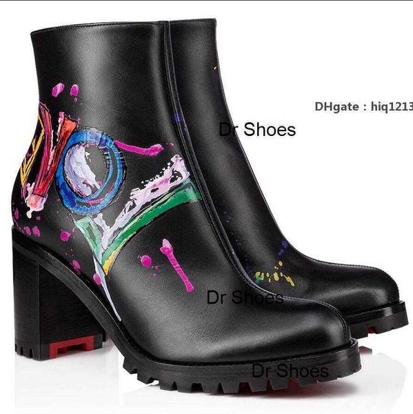 

red-bottoms shoes christians original box popular winter love me graffiti leather love ankle boots women's red booties lug sole la yzc, Black