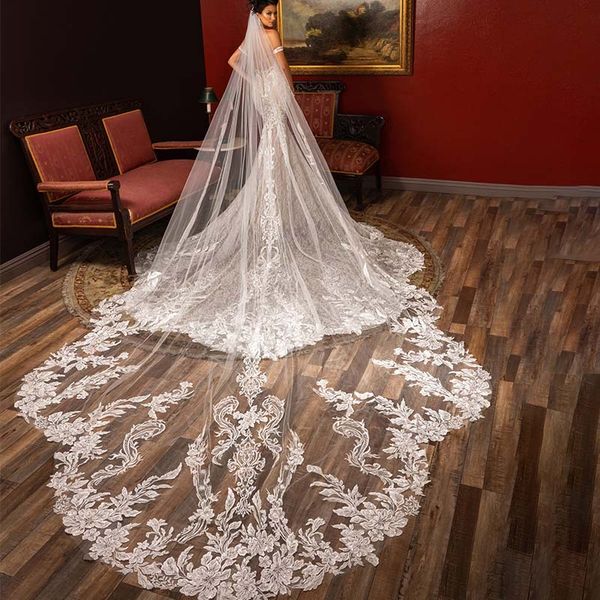 

royal length wedding veils custom made white ivory champagne colors cathedral long wraps appliques lace bridal accessories, Black
