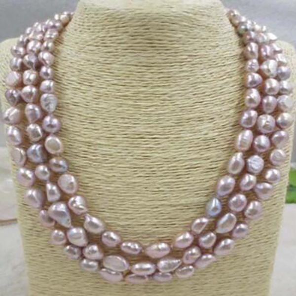 

fashion jewelry 3rows 9-10mm purple freshwater pearl necklace 17-19inch, Silver
