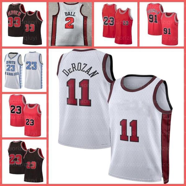 

23 mj 9 basketball jerseys scottie 33 pippen dennis 91 rodman demar lonzo derozan ball derrick zach rose lavine north carolina tar heel mens, Black;red