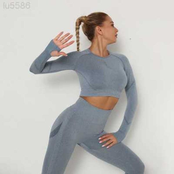 

seamless yoga shirt long sleeve high elastic fold quick drying fitness suit qly