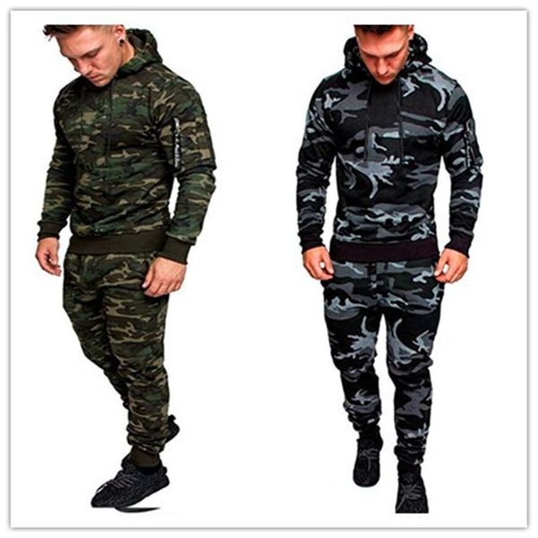

mens camouflage tracksuit stitching jackets sportswear hoodies pants 2 pieces joggi running267i, Gray