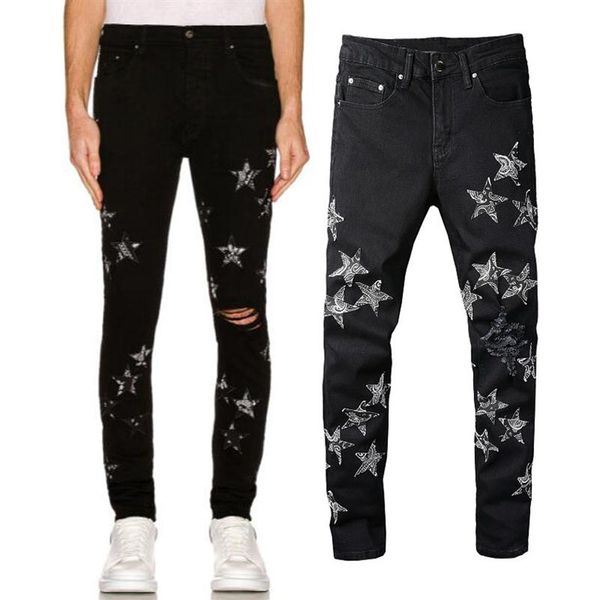 

stars patches denim jeans man plus size 40 slim fit damaged whiskering wash243f, Blue