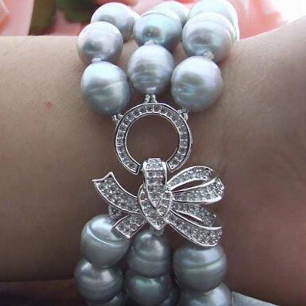 

fashion jewelry women 3rows 9-10mm grey pearl bracelet 8inch aaa, Golden;silver