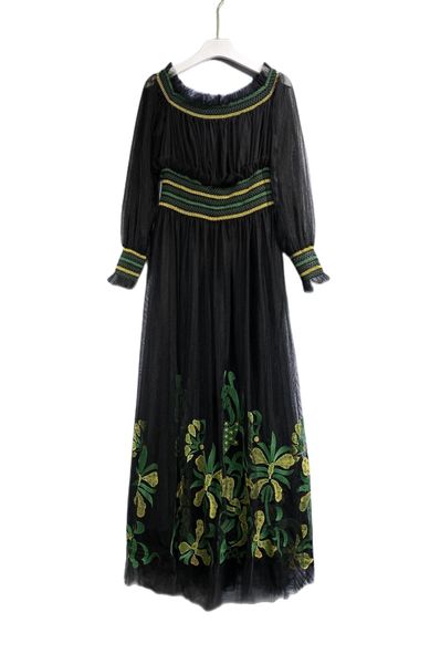 

spring 2023 new black fashion round neck mesh waist elastic long dress, Black;gray