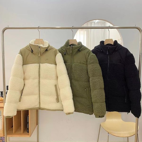 

fleece puffer jacket designer jackets men down coat hooded letter lamb cashmere padded cardigan coat color matching to keep warm and windpro, Black;brown