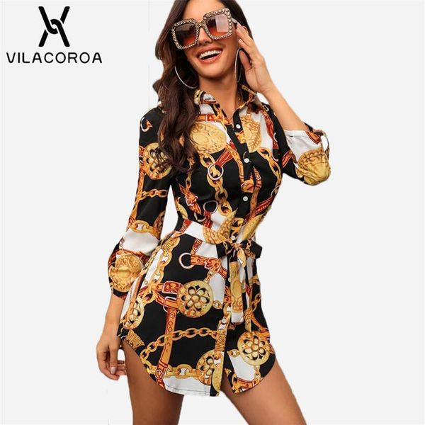 

middle sleeve chain print women blouses and lapel lace-up button women blouses casual blusas chemise femme vestido2613, White