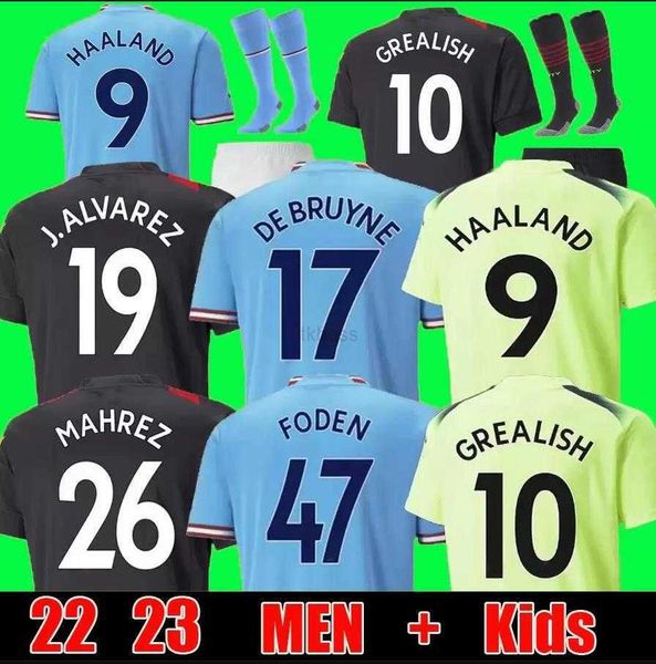 

fans tees 22 23 haaland soccer jerseys grealish mans cities de bruyne foden football shirt kids kit sets 2022 2023 j.alvarez uniform, Black