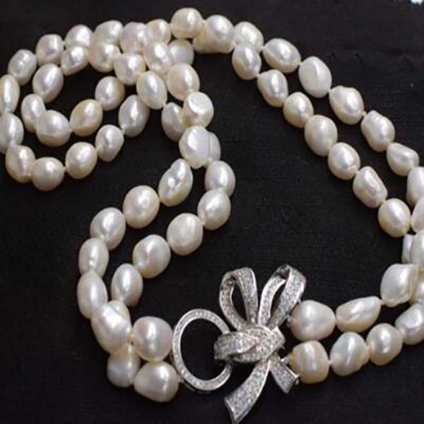 

2 rows 9-10mm white freshwater pearl sweater necklace 22-24inch, Silver