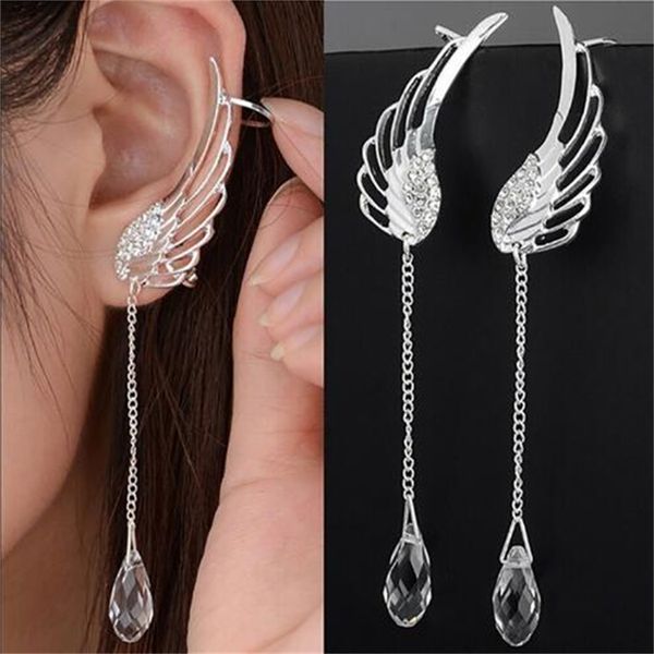 

angel's wing crystal clip on screw back hanging women's long sleeve with bohemian tassel earrings ae561, Silver
