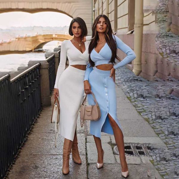 

women's tracksuits safina deep v skinny long sleeve umbilical womens designer clothing half body wrap hip dress set women's split, White