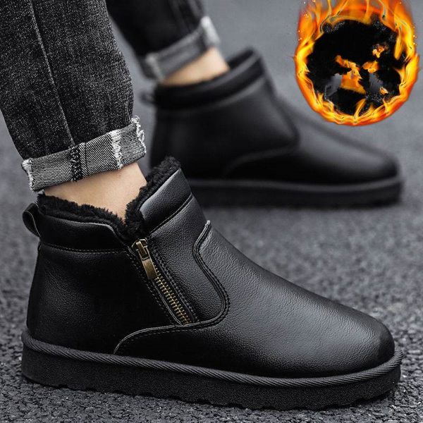 

winter men's leather boots fashion comfortable leisure household plus plush thick soles warm non-slip personality all match manufacture, Black