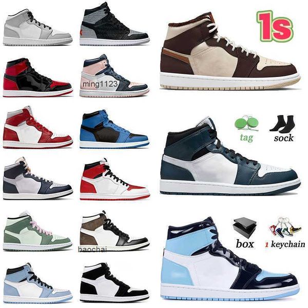 

2023 casual jumpman 1 authentic basketballs shoes cream dark chocolate women bred patent 1s sneakers mid armory navy rebellionaire s4lb, Black