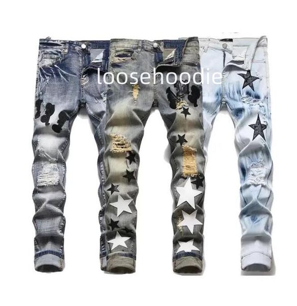 

men's jeans european jean hombre letter star men embroidery patchwork ripped for trend brand motorcycle pant mens skinny, Blue