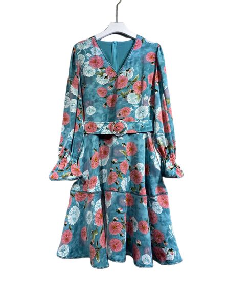 

spring 2023 new blue slim fashion v-neck print long sleeve dress, Black;gray