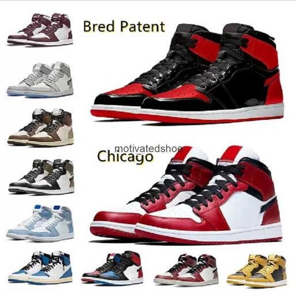 

jumpman 1 bred patent 1s mens basketball shoes bordeaux travis x fragment university blue hype royal black banned green men women trainers