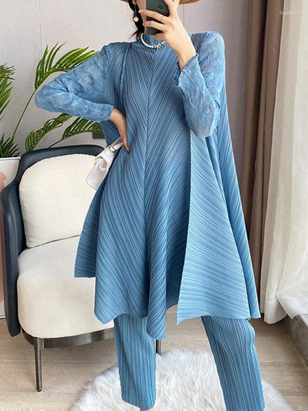 

women's two piece pants pleated set women lace stand collar solid color a-line long wide leg trousers luxury autumn 2022 trend, White