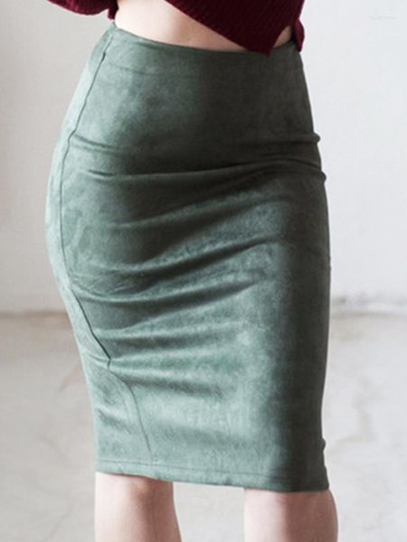 

skirts women suede solid color pencil skirt female autumn winter high waist bodycon vintage split thick stretchy, Black