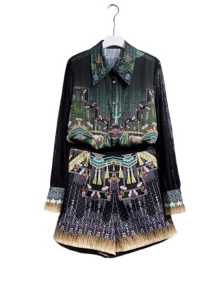 

spring 2023 new temperament collar print shirt with shorts set, White