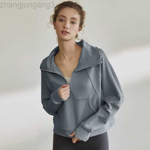 

designer yoga outwear women's half zip running jacket autumn and winter plush sports sweater loose warm pullover women blue