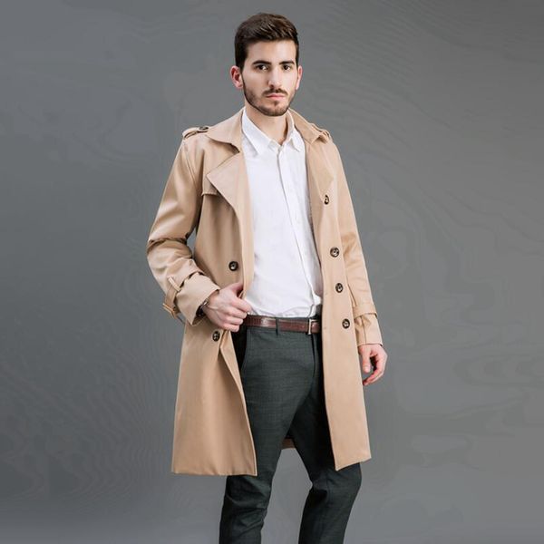 

men's trench coats autumn winter men casual overcoat turn down collar outerwear long plus size clothing, Tan;black
