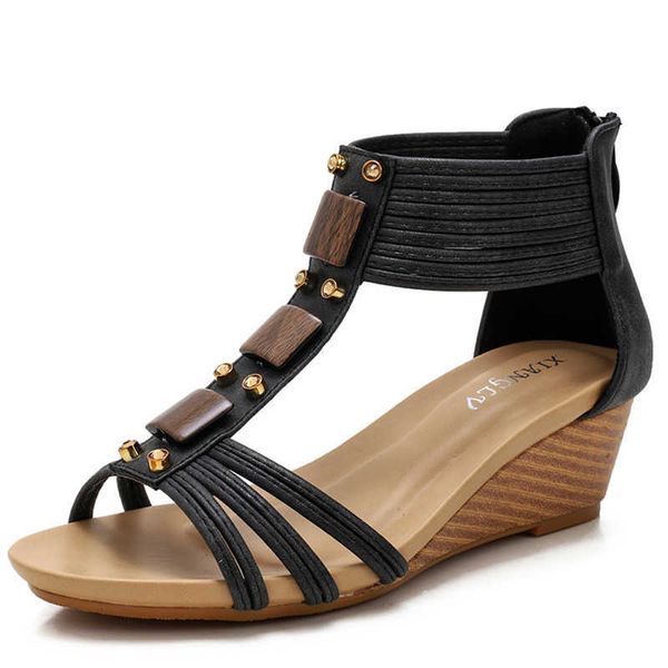 

sandals women summer wedges sandals mid heels wedges platform comfortable shoes vintage leather plus size gladiator sandals for women t23010, Black