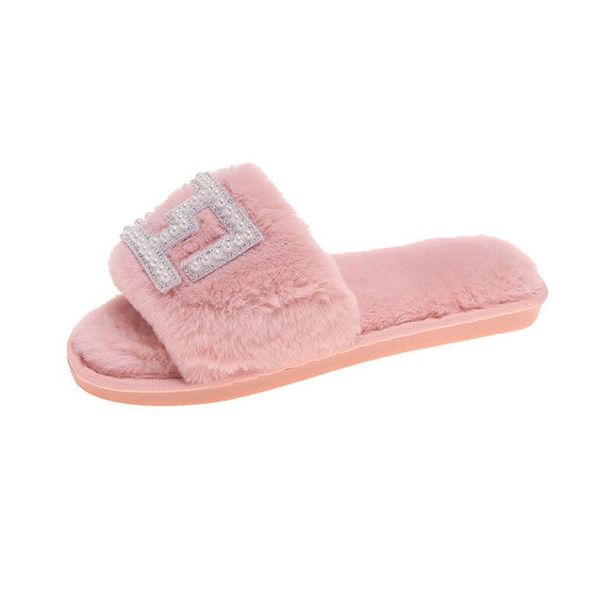 

women's plush slippers fluffy fur slippers luxury brand designer shoes warm indoor flip-flops fashion with diamonds, Black
